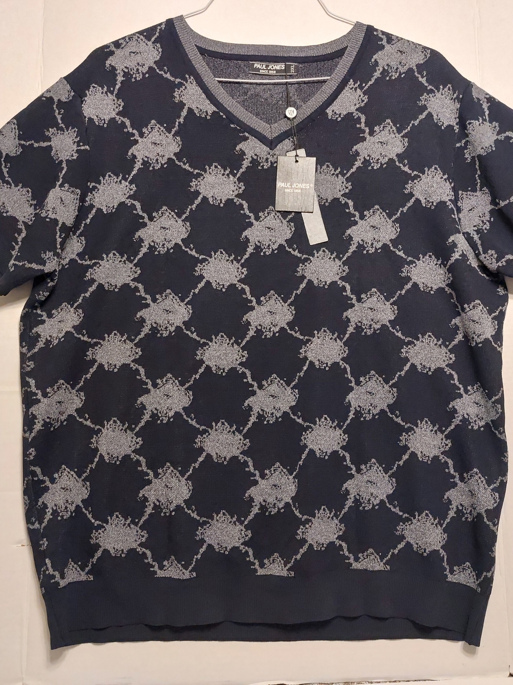Paul Jones Men's Navy V-Neck Patterned Short-Sleeve Sweater
